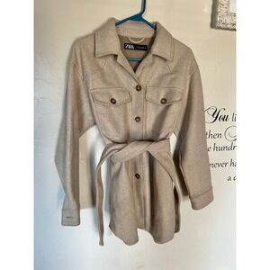 Zara Womens Oatmeal Beige Belted Shirt Jacket Shacket Size Small S Utility Coat